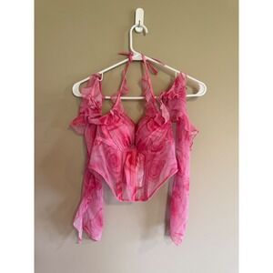 Tezenis Pink Floral Mesh Corset Top Ruffle Off Shoulder Halter 32B